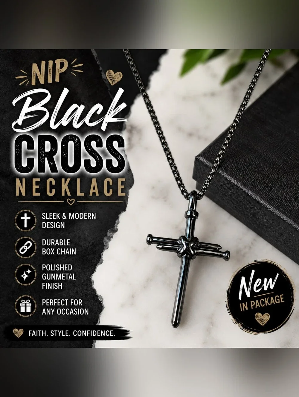 Black Gunmetal Cross Necklace Polished Finish